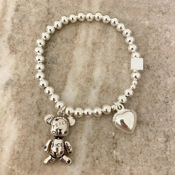 925 Sterling Silver Teddy Bear & Heart Charm Bracelet Dainty Bead Charm Bracelet - Picture 2 of 6